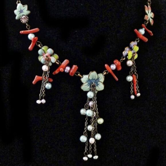 VTG FRENCH ENAMEL-PEARL-FAU CORAL-CRYSTAL NECKLACE - Picture 1 of 8